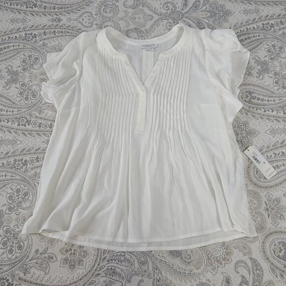 Liverpool Stitch Fix women's flowy blouse white pleated NWT Petite Large office - Picture 4 of 9